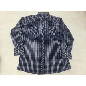 Vtg White Horse Pearl Snap Shirt Mens L Blue Plaid Long Sleeve Western Cowboy